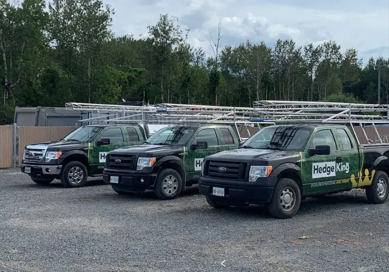 Fleet of tree removal vehicles in Ottawa, including trucks and equipment, ready for safe and efficient tree removal services